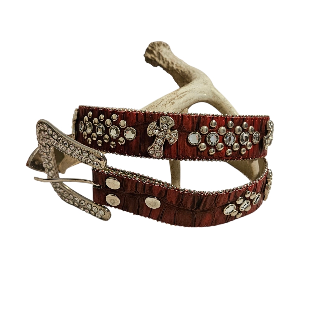 Genuine Leather Red Rhinestone Belt